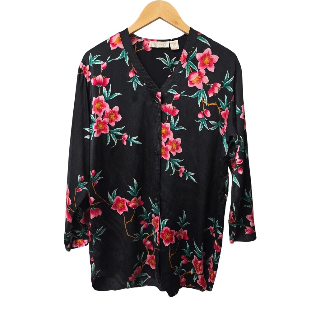 Vtg 90s Victoria's Secret 100% Silk Top Womens‎ S Black Floral Cherry Blossom